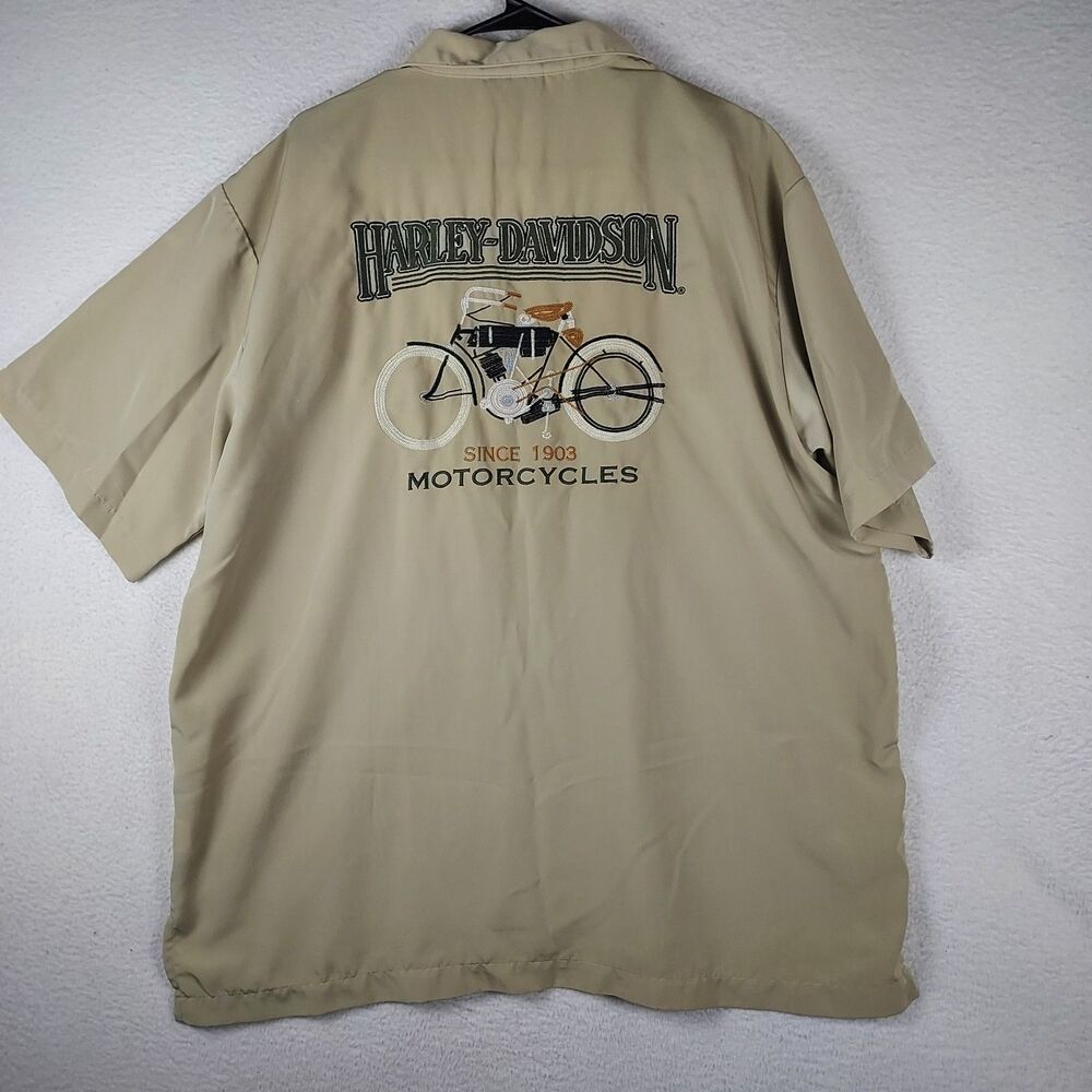 Harley-Davidson Camp Shirt Mens XL Khaki Embroidered Motorcycle Back Logo